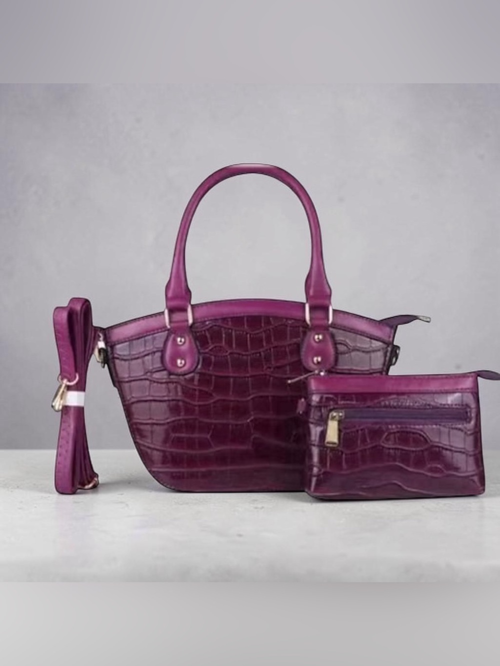 Purple Croc-Embossed Tote with Wristlet and Strap